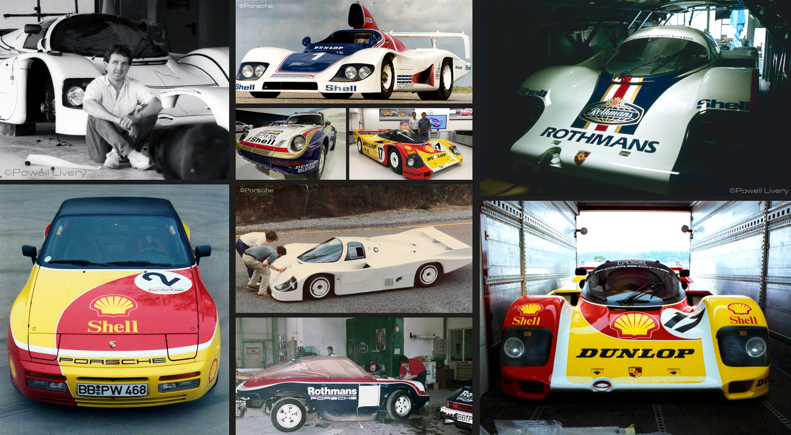 Collage of Porsche racing liveries including Porsche 962, 956, 936 and 944 projects created and restored by Powell Livery