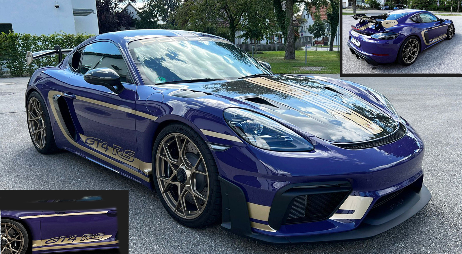 Porsche 718 Cayman GT4 RS Weissach Package with subtle custom livery design in gold accents on purple body for road and track use