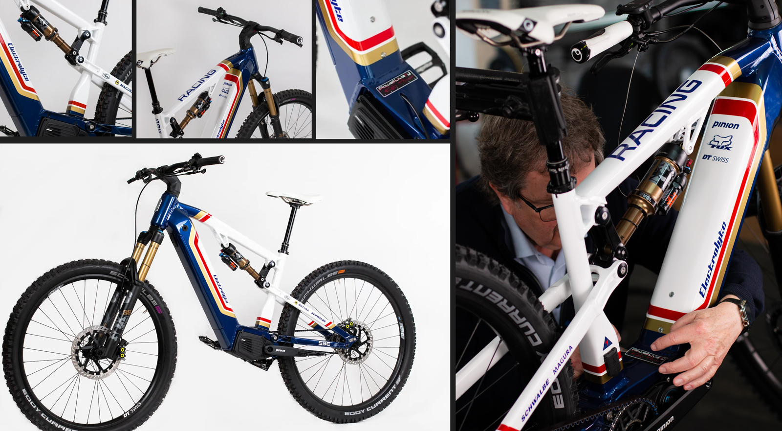 Electrolyte S9E racing e-bike with custom motorsport inspired livery design in blue white and red color scheme