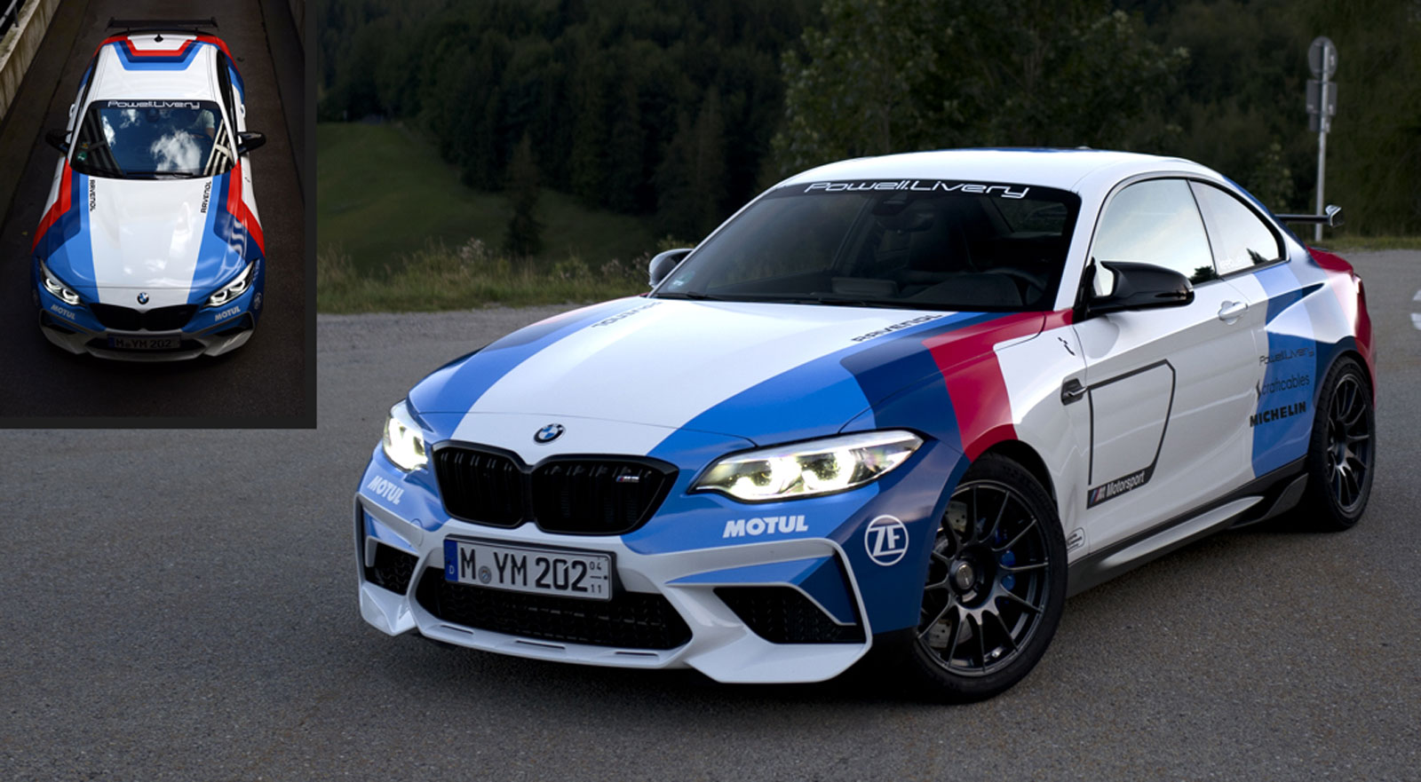 BMW M2 coupe featuring bespoke BMW Motorsport inspired livery design by Powell Livery