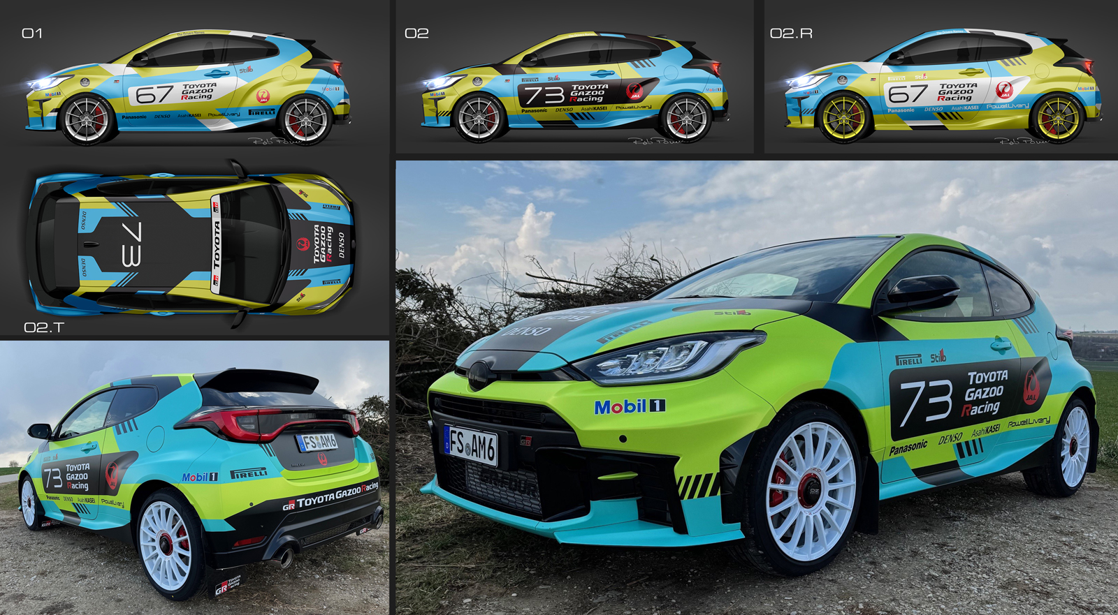 Toyota GR Yaris featuring bespoke rally-inspired livery design with concept proposals and finished vehicle by Powell Livery