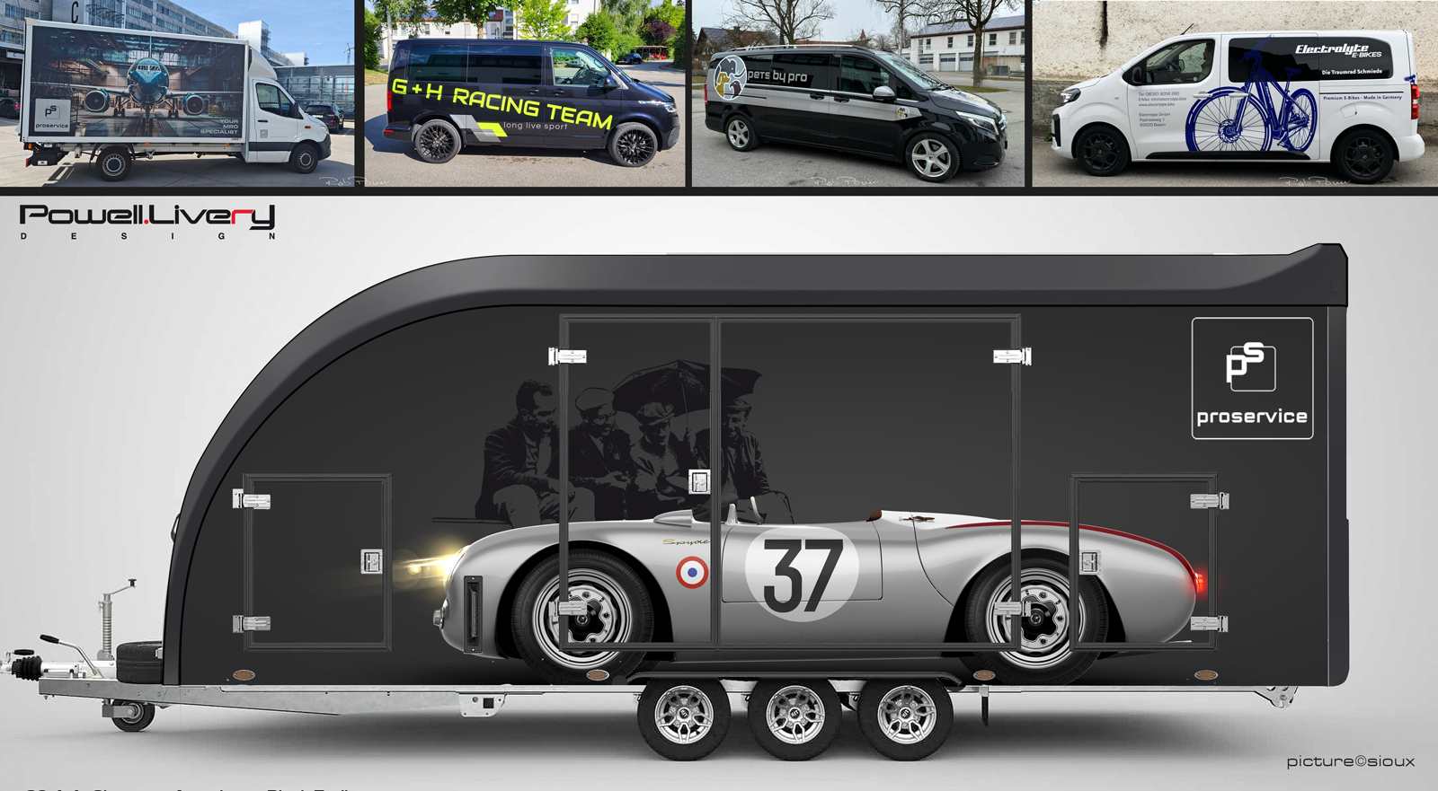 Custom branded support vehicles, team vans and enclosed trailer featuring retro Porsche 550 inspired wrap design by Powell Livery