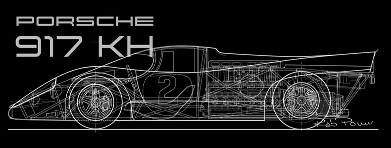 “Technical line artwork illustration of the Porsche 917 KH endurance racing car