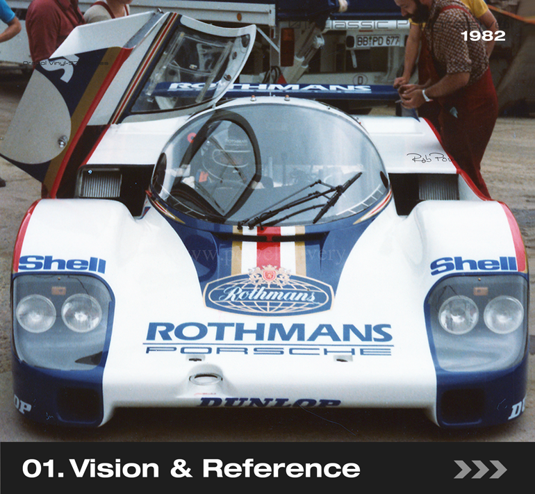 Vision and reference stage of bespoke car livery design process including historic inspiration, track day, motorsport and classic references