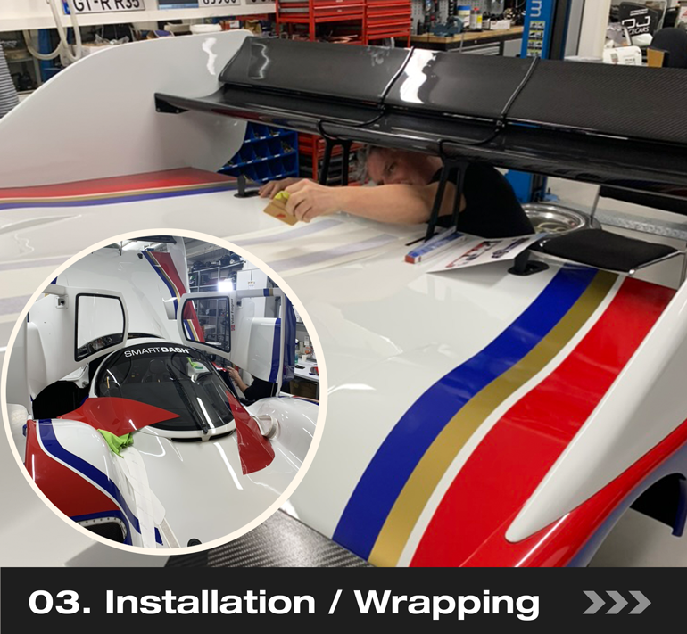 Installation and wrapping stage showing production files, vehicle preparation and professional vinyl application process