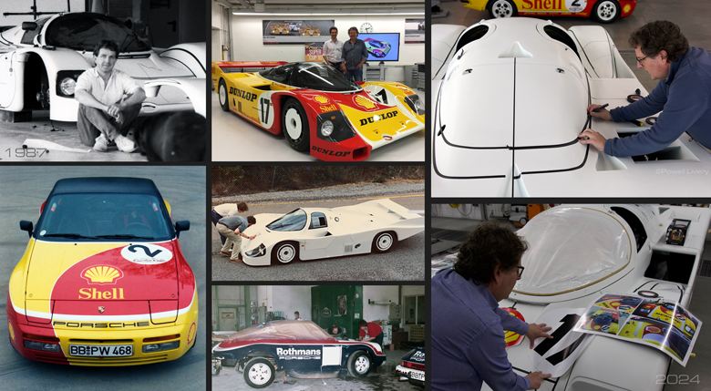 Collage of Porsche racing liveries including Porsche 962, 956, 936 and 944 projects created and restored by Powell Livery